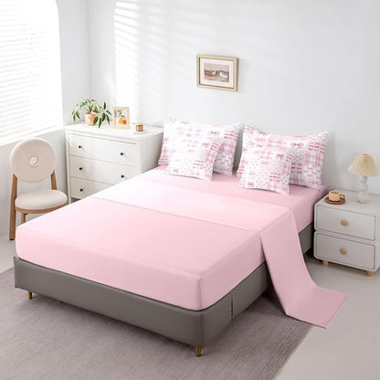 Feelyou Pink Bow Comforter Set with Sheets 7 Piece King Size Cute Bowknot Bedding Set for Kids Boys Girls Bow Plaid Grid Bed in a Bag Princess Decor Room Decor Soft Lightweight Microfiber