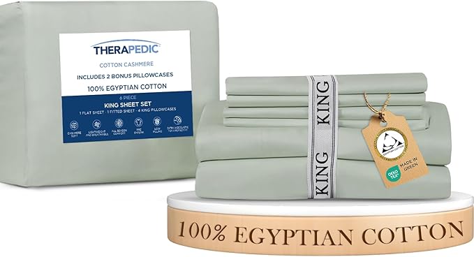 Therapedic 100% Egyptian Cotton King 6-Piece Sheet Set – Naturally Cooling & Breathable Sateen, Preshrunk Garment Wash, 16" Deep Pocket Fitted Sheet, Bonus Pillowcases, Soft & Durable - Sage