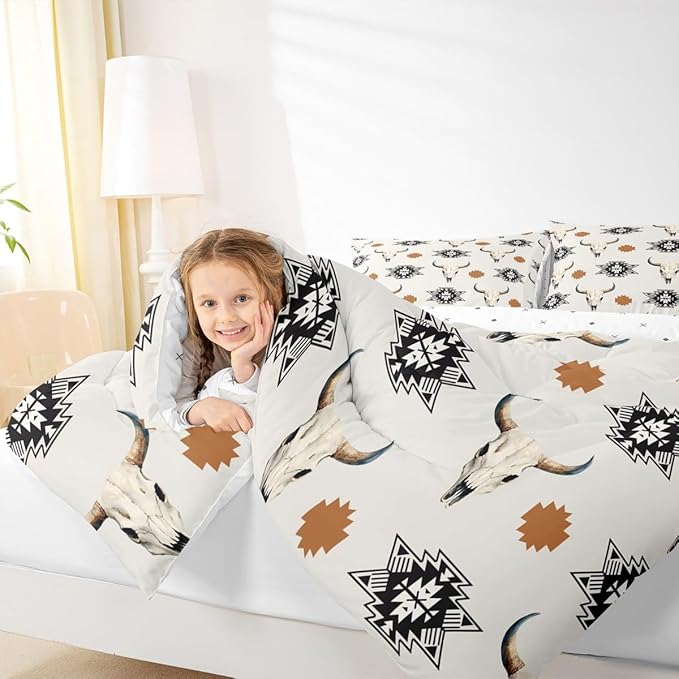 Feelyou Khaki Bull Skull Comforter Set King Size Kids Western Aztec Duvet Quilt for Boys Girls Teens Southwestern Bohemian Boho Wild Cowboy Tribal Rustic Bedding Set Soft Room Decor 3Pcs