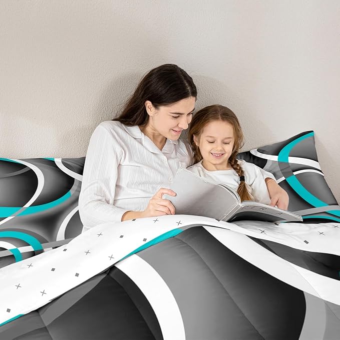 Castle Fairy Circle Geometric Comforter Set Gray Black Blue Swirls Bedding Set for Kids Girls Women Adults Abstract Stripes Comforter Retro Style Quilted Duvet Set Bedroom Collection Twin Size 2Pcs