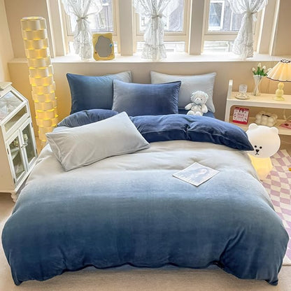 CLOTHKNOW Blue White Velvet King Size Comforter Set Fluffy Bedding Comforter Sets Soft Comforter with 2 x Pillow Cases
