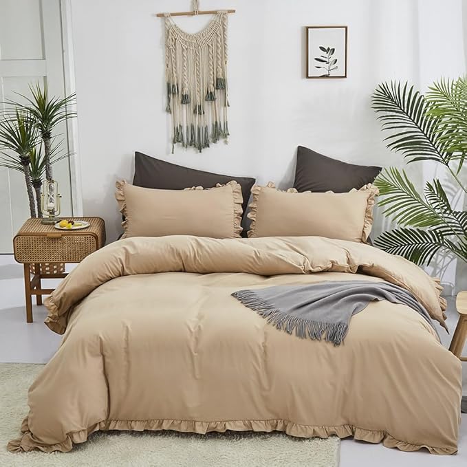 CLOTHKNOW Taupe Ruffles King Size Comforter Set 3Pcs Farmhouse Bedding Comforter Sets Champagne Comforter Light Brown Comforter with 2 x Pillow Cases