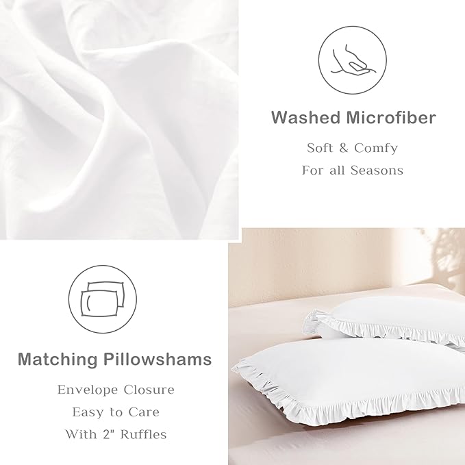 Masaca Ruffle Twin Comforter,Shabby Boho Chic Netural White Ruffled Comforter Set 3 Pieces Farmhouse Rustic French Country Kids Twin Bedding Sets Ultra Soft
