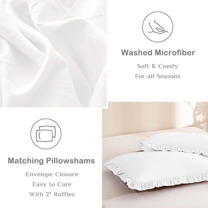 Masaca Ruffle Twin Comforter,Shabby Boho Chic Netural White Ruffled Comforter Set 3 Pieces Farmhouse Rustic French Country Kids Twin Bedding Sets Ultra Soft