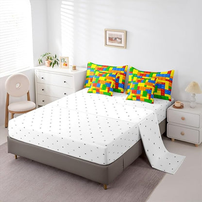 Kids Games Comforter Set 7 Pcs King Size,Cartoon Construction Bedding Set for Child Boys Room Decor Color Building Blocks Gaming Theme Fitted Flat Sheet 2 Throw Pillow Covers 2 Pillowcases