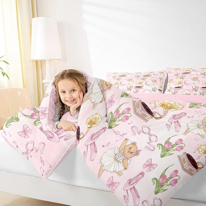 Pink Bowknot Girls Bedding Set Twin Size, Ballet Shoe Bow Tie Cute Bear Comforter Set，Music Note Tulip Quilt Comforter for Boys Teens,Princess Room Decor All Season,1 Pillowcase