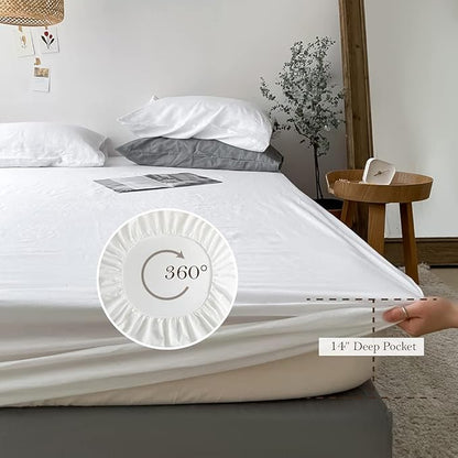 Simple&Opulence Washed Linen Bed Sheet Set Basic Style 4 Pieces (1 Flat Sheet & 1 Fitted Sheet & 2 Pillowcases) 100% Natural French Flax Soft Breathable Farmhouse Bedding (King, White)