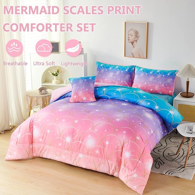 PERFEMET Queen Size Girls Comforter Set with Sheets 6 Pieces Mermaid Tail Print Kids Bedding Set Colorful Rainbow Teen Girl Bed in A Bag Pink Purple Ombre Bed Set for Girls Women