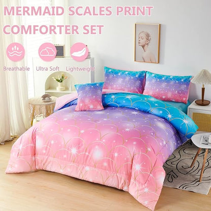 PERFEMET Queen Size Girls Comforter Set with Sheets 6 Pieces Mermaid Tail Print Kids Bedding Set Colorful Rainbow Teen Girl Bed in A Bag Pink Purple Ombre Bed Set for Girls Women