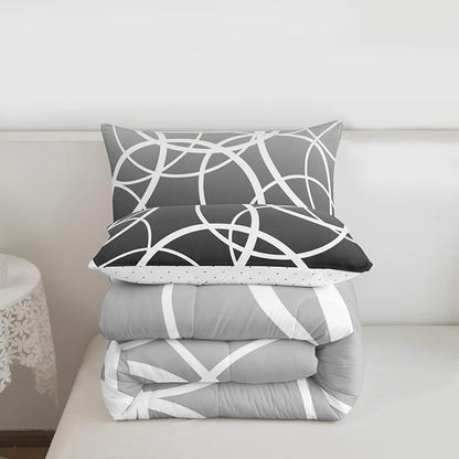 Castle Fairy Gray Gradient Comforter Set Queen Size,Geometric Circles Bedding Set for Kids Boys Girls Bedroom Decoration,Stripe Line Art Bed Duvet Insert,Modern Simplicity Comforter with 2 Pillowcase