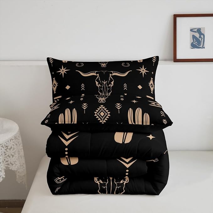 Erosebridal Boys Bull Skull Comforter Set King Size, Western Cowboy Bedding Set Vintage Southwestern Duvet Insert Bohemian Geometric Cactus Quilt Tribal Exotic Ethnic Bedroom Decor, Black Brown