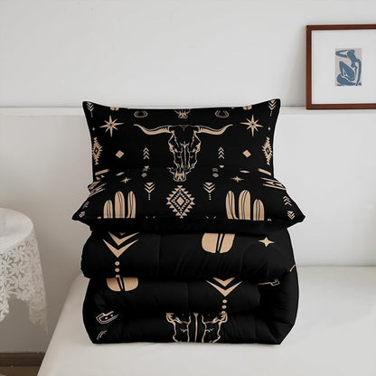 Erosebridal Boys Bull Skull Comforter Set King Size, Western Cowboy Bedding Set Vintage Southwestern Duvet Insert Bohemian Geometric Cactus Quilt Tribal Exotic Ethnic Bedroom Decor, Black Brown