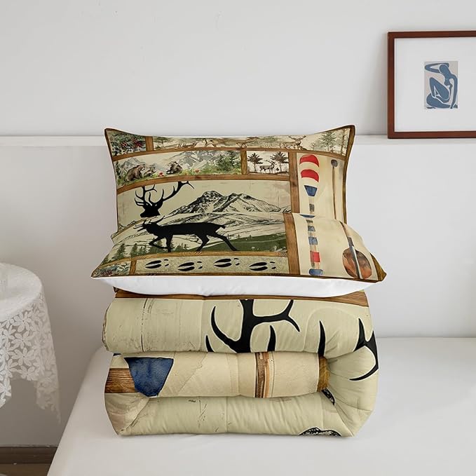 Farmhouse Lake House Decor Comforter Set Queen, Rustic Hunting Deer Bedding for Kids Boys Girls Teens, Retro Wild Animals Down Comforter, Woodland Pine Tree Paddle Plaid Decor Quilted Duvet, 3Pcs