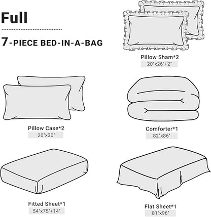 JOLLYVOGUE Black Full Size Comforter Sets 7 Pieces, Pintuck Bed in a Bag Comforter Set for Bedroom, Bedding Comforter Sets with Comforter, Sheets,Ruffled Shams & Pillowcases