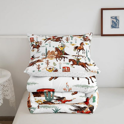 Feelyou Western Decor Comforter Twin Size Wild Western Cowboy Cowgirl Comforter Set for Boys Girls Children Horse Desert Rodeo Cowboy Style Bedding Set Room Decor Brown Duvet Set 2Pcs