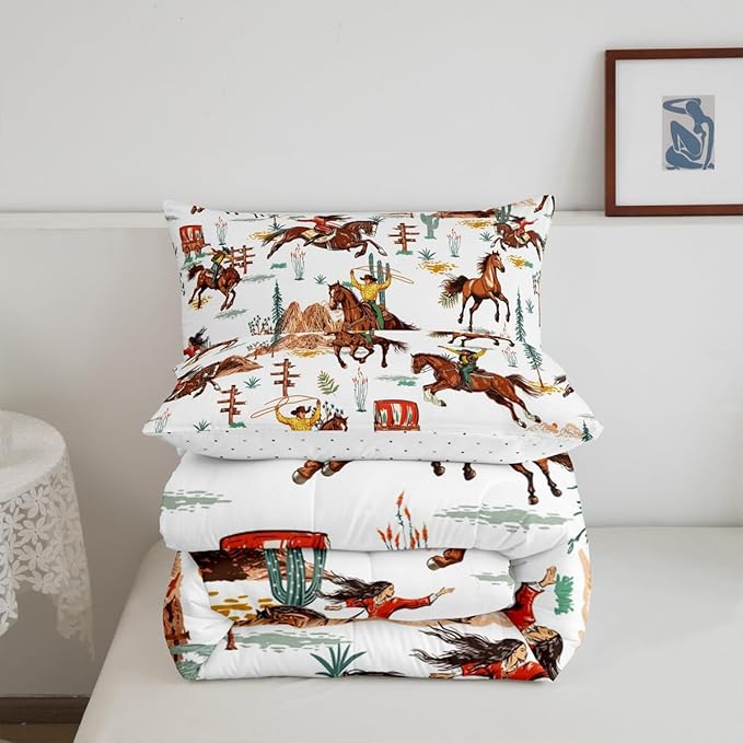 Feelyou Western Decor Comforter Queen Size Wild Western Cowboy Cowgirl Comforter Set for Boys Girls Children Horse Desert Rodeo Cowboy Style Bedding Set Room Decor Brown Duvet Set 3Pcs