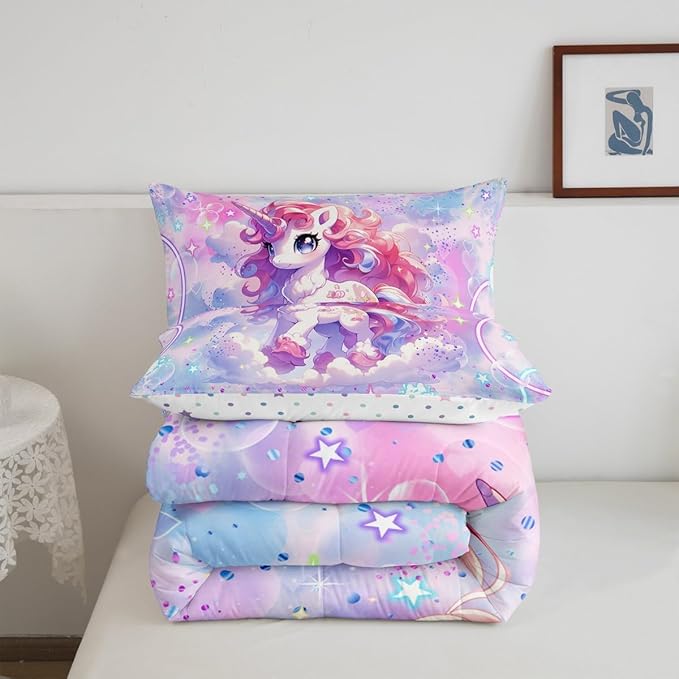 Cute Unicorn Reversible King Size Comforter Set,Pink Blue Unicorn Decor All Season Bedding Set,Teens Rainbow Stars Galaxy Comforter,Dreamy Love Decor Quilt Set Bedroom Collection 3Pcs,Colorful