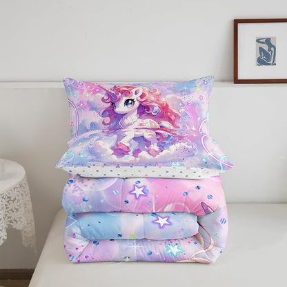 Cute Unicorn Reversible King Size Comforter Set,Pink Blue Unicorn Decor All Season Bedding Set,Teens Rainbow Stars Galaxy Comforter,Dreamy Love Decor Quilt Set Bedroom Collection 3Pcs,Colorful