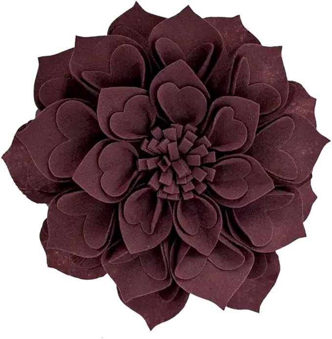Fennco Styles Handmade 3D Heart-Shaped Petals Flower Decorative Filled Throw Pillow 13" Round - Wine Floral Pillow for Couch, Home Décor and Holiday, Housewarming Gift