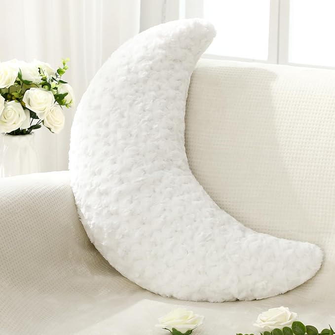 23.6'' White Moon Shaped Pillow Nursery Texture Throw Reading Pillow Soft Plush PP Cotton Filling Half Moon Decor Gifts for Baby Crib Bed Back Couch Car Wedding Birthdays, Machine Washable