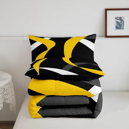 Erosebridal Grey Black Yellow Bedding Comforter Sets Gray White Striped Abstract Bedding Set Queen for Kids Adults Geometric Stripes Down Comforter Modern Fashion Quilt Duvet 3 Pcs