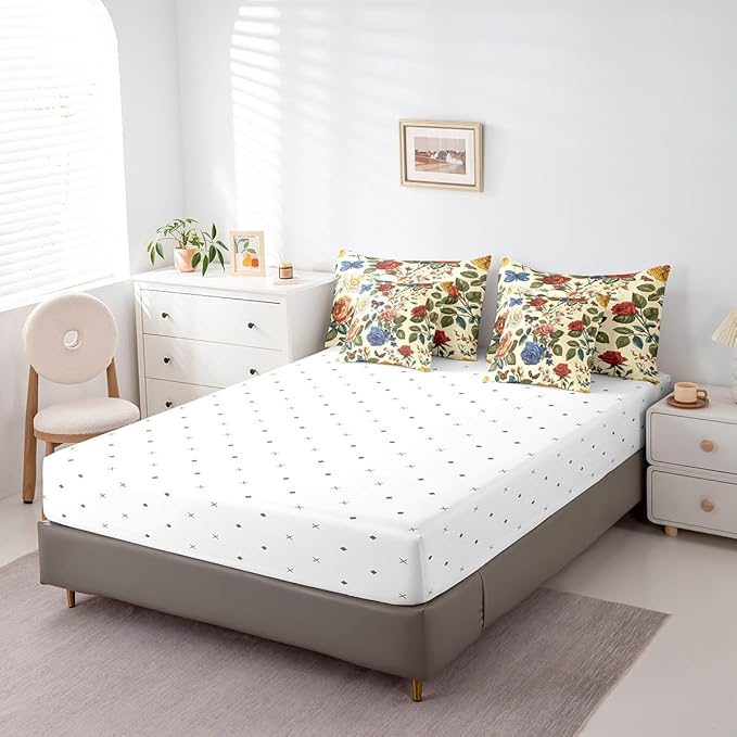 Feelyou Rose Comforter Set Queen Size 7 Pieces Rose Floral Flower Bedding Set for All Season Romantic Butterfly Vintage Garden Flower Bed in a Bag with Comforter, Sheets, Pillowcases & Cushion Cover