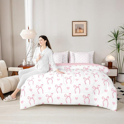Erosebridal Bowknot Love Hearts Pink White Full Comforter Set 7 Pieces | Ribbon Bow Kawaii Bed in A Bag for Bedroom Girly Kids Cute Dreamy Bedding Set with Comforters Women Teens Adults Room Decor