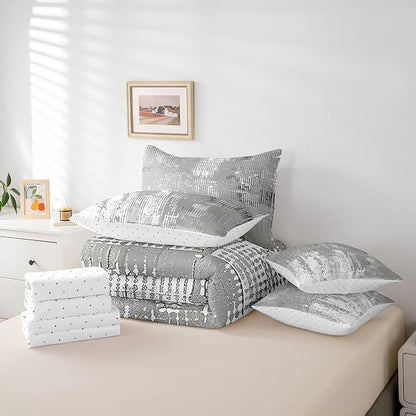 Erosebridal Grey Graffiti Bedding Comforter Sets 7-Piece Vintage Grunge Bedding Set, Abstract Artwork King Size Comforter Set with Flat Sheet, Fitted Sheet, Pillowcases and Throw Pillow Covers
