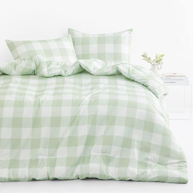 Wake In Cloud - Gingham Comforter Set, Plaid Buffalo Check Checkered Cottagecore Cute Geometric, Soft Lightweight Bedding, 3 Pieces, Sage Green, Queen Size
