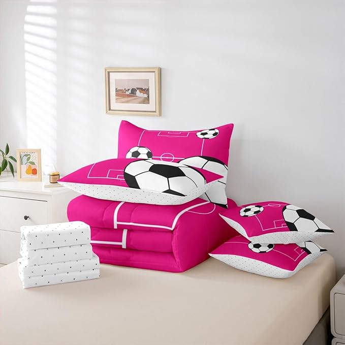 Erosebridal Sports Theme 7 Piece Bedding Set King Football Comforter Set with Sheets Boys Football Court Pink White Bed in a Bag Playground Soccer Ball Pattern for Kids Boys Girls