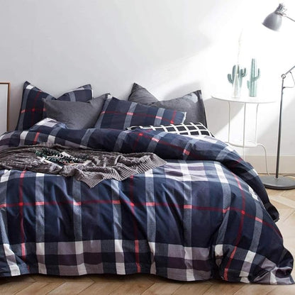 KAREVER Navy Plaid Comforter Set Queen Checkered Bedding Set Navy Blue Tartan Grid Comforter Striped for Women Adult Navy Blue Checkered Blanket Set Dark Navy Queen Bed Comforter Set