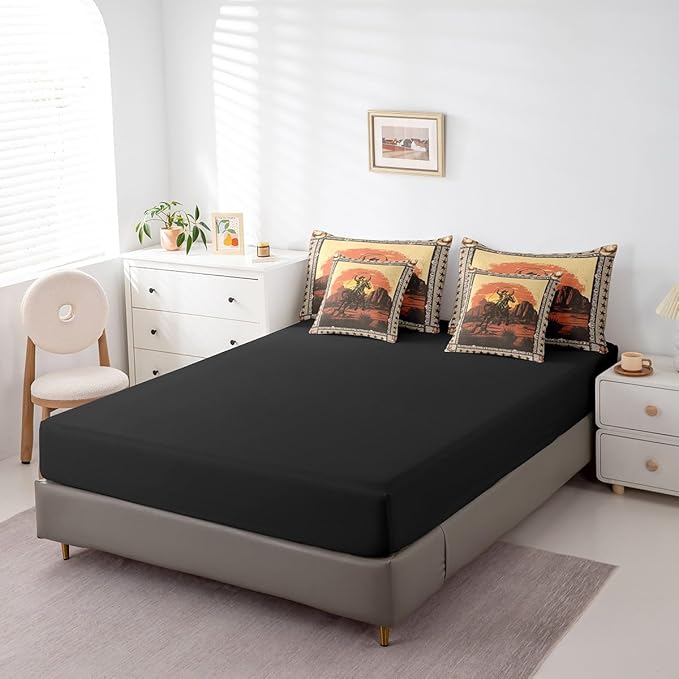 Feelyou Western Decor Comforter Set with Sheets Queen Size Kids West Cowboy Horse 7 Pieces Bedding Set for Boys Girls Teens Rodeo Cowboy Style Bed in a Bag Breathable Grunge Design Bed Set Star Sunset