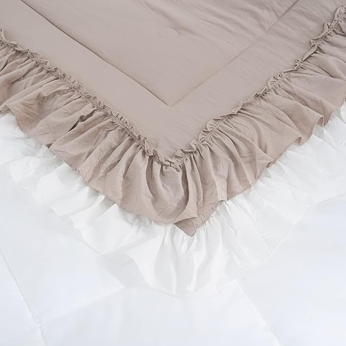 Bedding_Dreamer Boho Comforter Set Queen Size Farmhouse Comforter Shabby Chic 2 Layers Ruffles Decor Ultra Soft Washed Microfiber Taupe Bed Comforter Set 1 Comforter 2 Pillowcases (Taupe, Queen)…