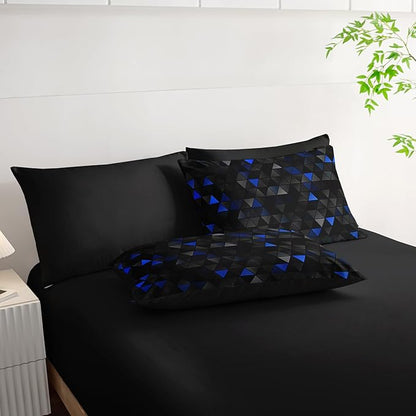 Geometric Blue Black Triangle Full Size Comforter Set,Light Honeycomb Bedding Set 7 Piece in A Bag,Bed Sheet Set Geometry Decor,Microfiber Lightweight All Season