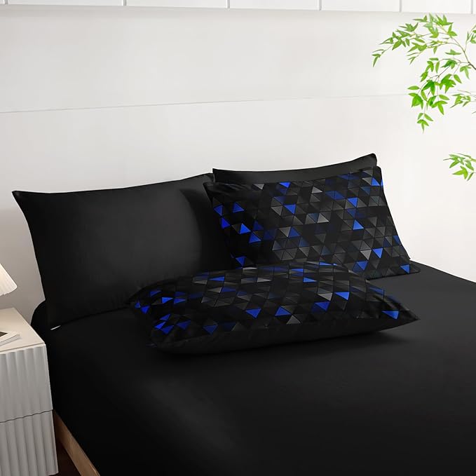 Geometric Blue Black Triangle Twin Size Comforter Set,Light Honeycomb Bedding Set 7 Piece in A Bag,Bed Sheet Set Geometry Decor,Microfiber Lightweight All Season