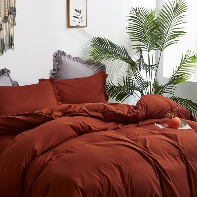 CLOTHKNOW Terracotta Ruffles California King Comforter Set 3Pcs Rust Farmhouse Bedding Comforter Sets Burnt Orange Comforter Soft Shabby Chic Comforter Vintage Rustic Bedding Sets
