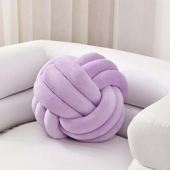 Sioloc Soft Knot Ball Pillows,Round Throw Pillow Cushion Home Decoration Plush Pillow,Throw Knotted Pillow Handmade Round Plush Pillow（13.7inches,Lilac）
