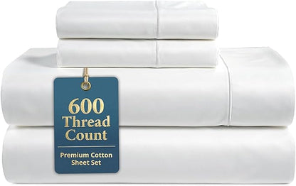 LANE LINEN Queen Sheet Set - 600 Thread Count Premium Soft Long Staple 100% Cotton Sheets, Hotel Luxury Sateen Silky Finish, Snug Fit 15" Deep Pocket, Low Pill, Machine Washable - White Sheets