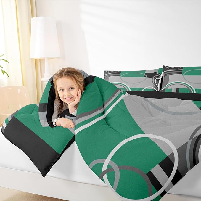 Erosebridal Geometric Swirls Bedding Set Queen Olive Green Black Gray Square Comforter Abstract Circles Gromment Duvet Insert Stripes Lines Quilt Modern Graphic Down Comforter with 2 Pillow Covers