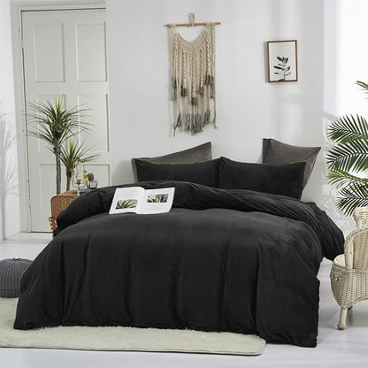 Pureant Black Velvet Comforter Sets Full Solid Black Fluffy Bedding Comforters Women Men Plain Dark Color Flannel Quilt Modern Minimalist Blanket Micromink Sherpa Plush Bed