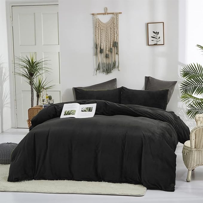 Pureant Black Velvet Comforter Sets Queen Solid Black Fluffy Bedding Comforters Women Men Plain Dark Color Flannel Quilt Modern Minimalist Blanket Micromink Sherpa Plush Bed