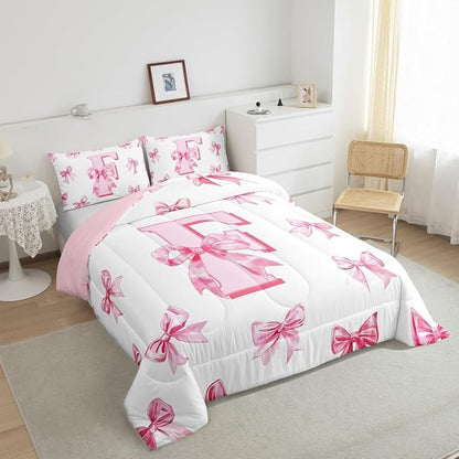 Erosebridal Initial Letter F Bedding Comforter Sets Pink Kawaii Bow Bedding Set Dreamy Princess Letter Bowknot Comforter Set King Size for Kids Girls Teen Women,Cute Girly Bow Quilt Duvet