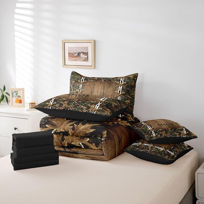 Erosebridal Camo Rustic 7 Piece Comforter Set Full Bed in a Bag | Fishing Rod Bedding Sets Mens Cabin Hunting Comforter and Sheet Set, Woodland Animals Farmhouse Bed Sets,Country Decor Camo Bed Set