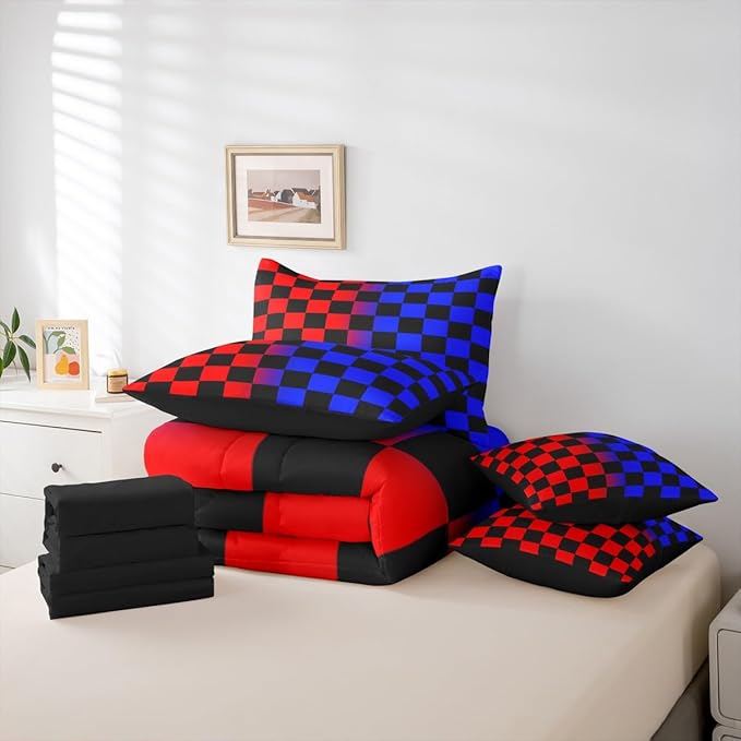 Checkered Comforter Set With Sheets 7 Piece King Size Red Blue Plaid Bed in a Bag Kids Boys Girls Cute Retro Neutral Checkerboard Geometric Bedding Set Vintage Aesthetic Bedroom Decor Breathable Soft