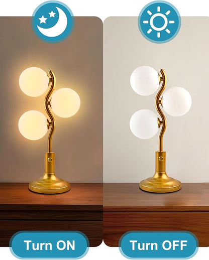 3-Globe Table Lamp for Bedroom, Mid Century Modern Gold Desk Lamp 3000K Warmwhite Dimmable Nightstand Bedside Lamp for Living Room Study Room(G9 Bulbs Included)