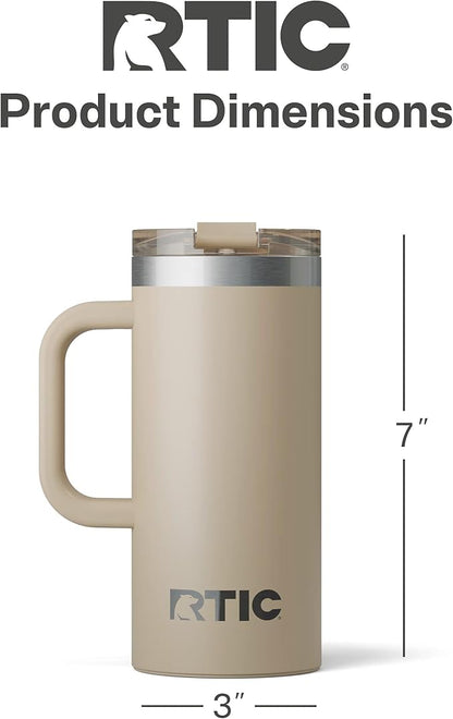 RTIC 16oz Road Trip Travel Mug with Lid and Handle, Ceramic Lined, Insulated, Stainless Steel, Metal, Double Wall Vacuum-Insulation, Portable Coffee, Tea Cup for Hot and Cold Drink, Beach
