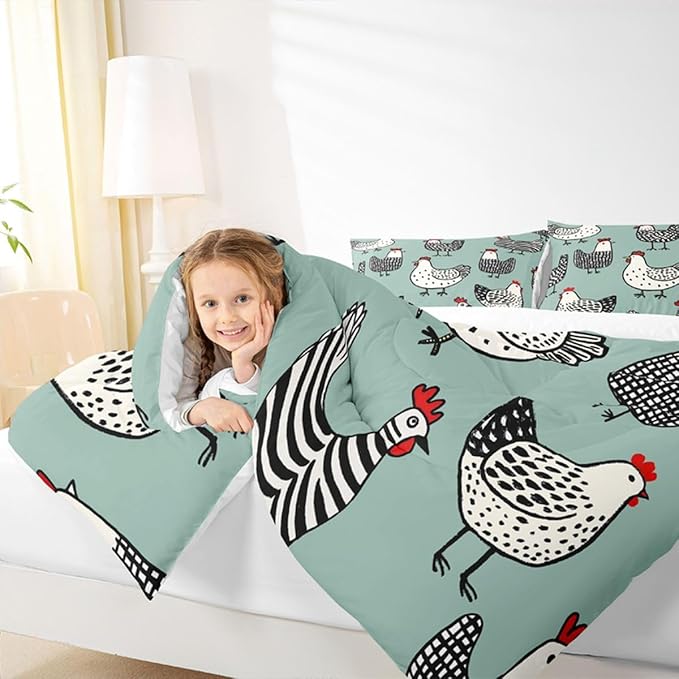 Erosebridal Chicken Comforter Set, Cartoon Chick Bedding Set King Size, Cute Farmhouse Animal Down Comforter for Children Young, Teal Black Bedding Sets & Collections Warm Soft Bedroom Decor
