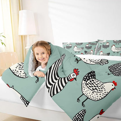 Erosebridal Chicken Comforter Set, Cartoon Chick Bedding Set King Size, Cute Farmhouse Animal Down Comforter for Children Young, Teal Black Bedding Sets & Collections Warm Soft Bedroom Decor