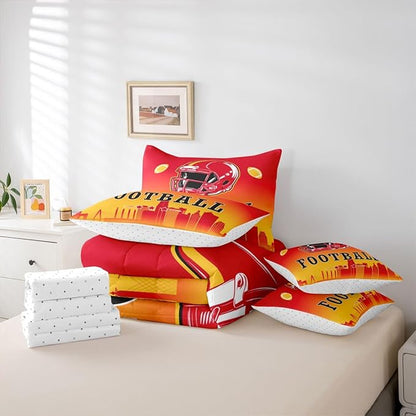 Erosebridal American Soccer Comforter Set with Sheets Twin Boys Football Fans 7 Pcs Bedding Set American Rugby Sports Bed in A Bag for Kids Teen Adults,City Silhouette Ball Games Bed Set