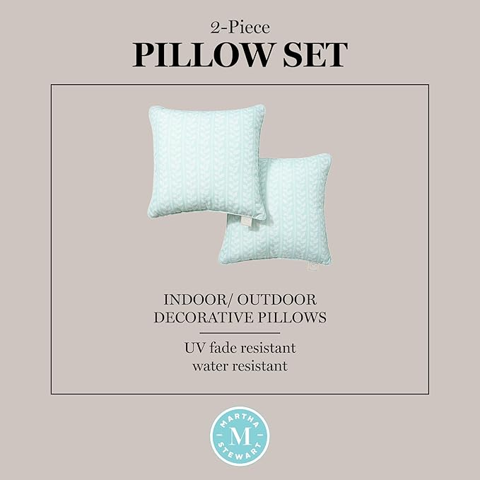 Martha Stewart Vineyard Vines Indoor Outdoor Decorative Pillow 2-Pack Set, UV Fade Resistant, Water Repellent, Printed Garden Design, Aqua Blue, 18"x18"